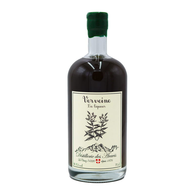 Bouteille de liqueur de verveine de la Distillerie des Aravis.