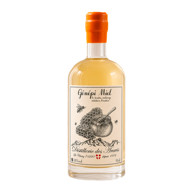 Bouteille de Génépi Miel de la Distillerie des Aravis.