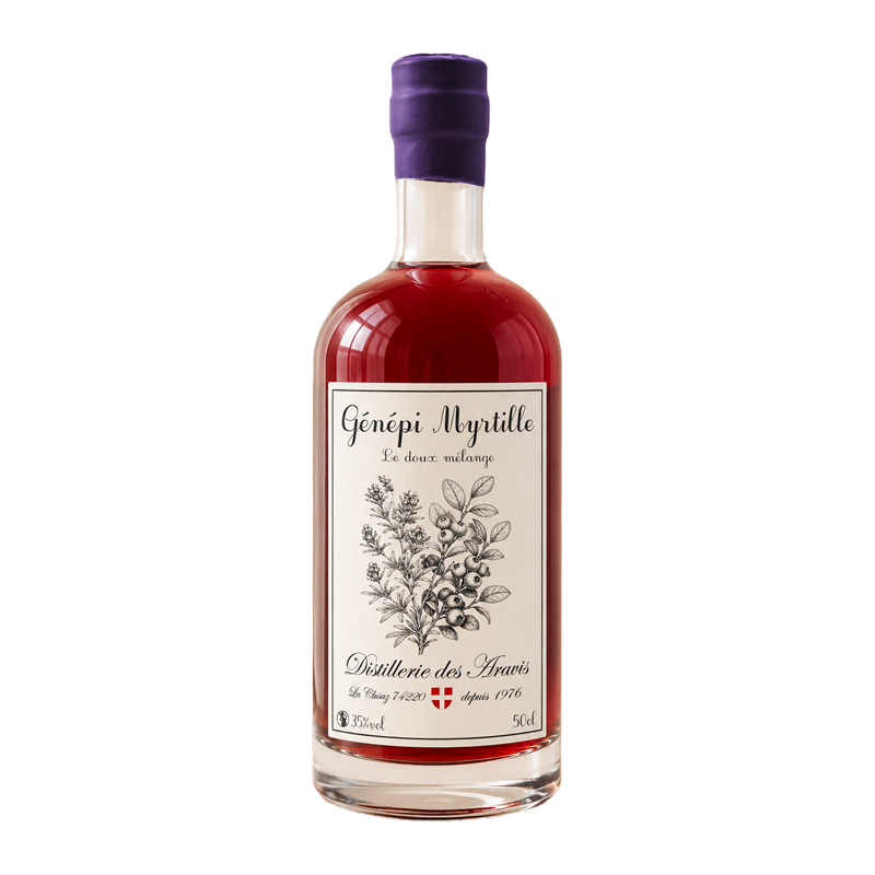 Bouteille de Génépi Myrtille de la Distillerie des Aravis.