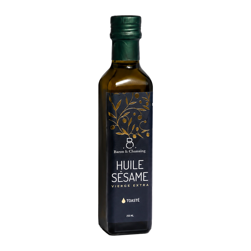 Bouteille d’huile de sésame Baron Chassaing.