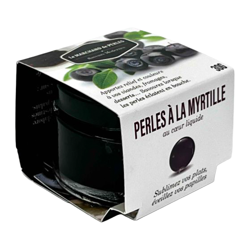 Pot de Perles de Saveurs Myrtille Saveurs Modernes, avec son étui.