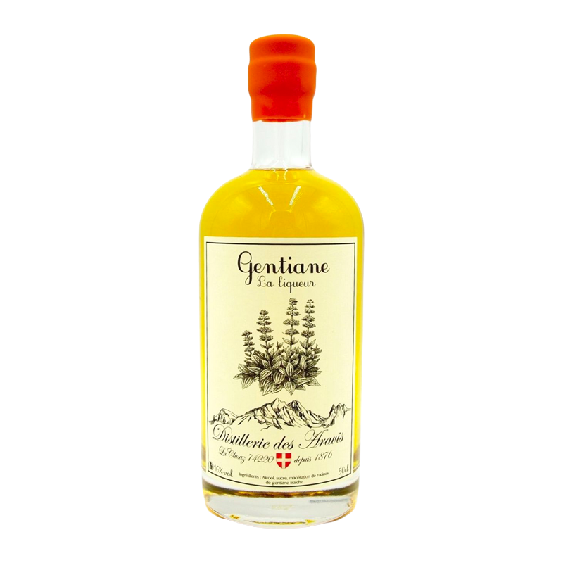 Bouteille de liqueur de gentiane de la Distillerie des Aravis.
