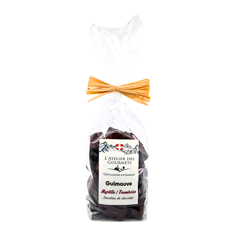 Sachet de guimauves Framboise Myrtille Chocolat noir L’Atelier des Gourmets.