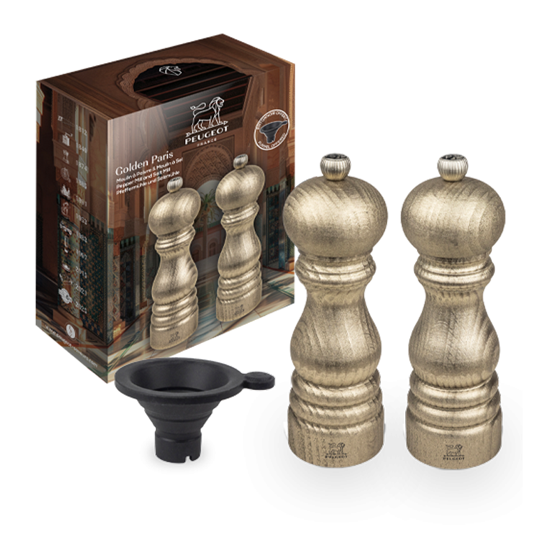 Coffret Golden Paris Duo Peugeot, moulins à poivre et à sel dorés.