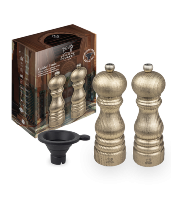 Coffret Golden Paris Duo Peugeot, moulins à poivre et à sel dorés.