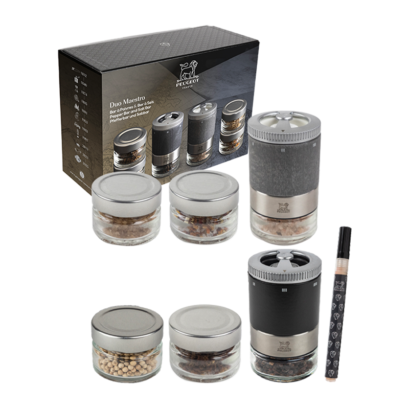 Coffret Duo Maestro Peugeot, moulins et réservoirs à poivre et à sel.
