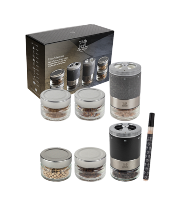 Coffret Duo Maestro Peugeot, moulins et réservoirs à poivre et à sel.