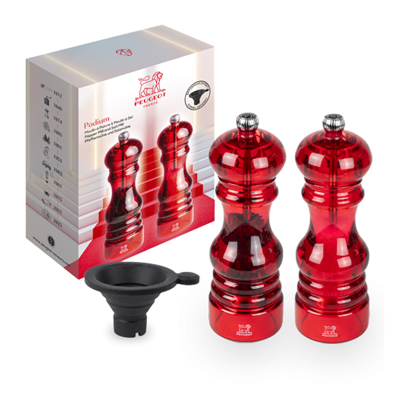 Coffret Podium Duo Peugeot, moulins à poivre et à sel rouges.